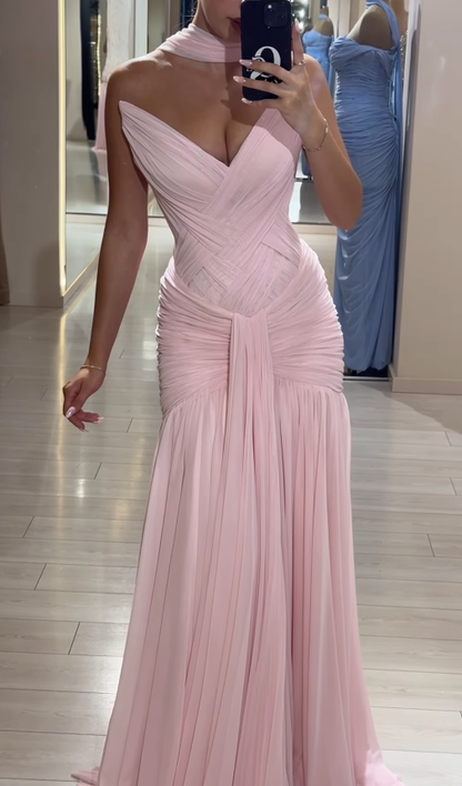 Gentle Pink Mermaid V Neck Pleated Chiffon Long Prom Dress Evening Dress DP4391