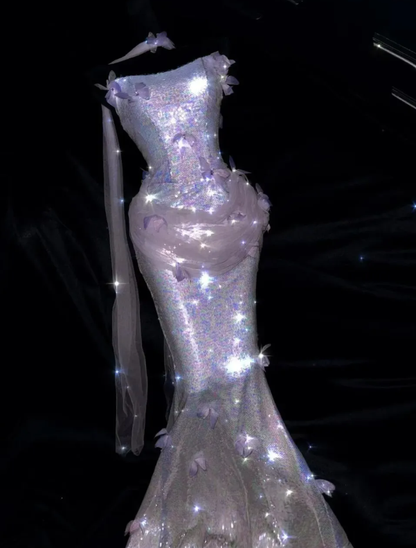 Shiny Lilac Mermaid Strapless Butterfly Sequin Prom Dress Evening Dress DP6621