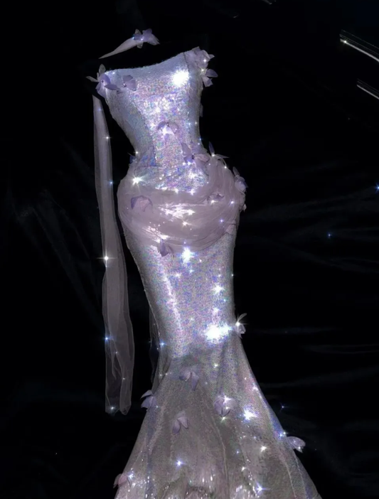Shiny Lilac Mermaid Strapless Butterfly Sequin Prom Dress Evening Dress DP6621