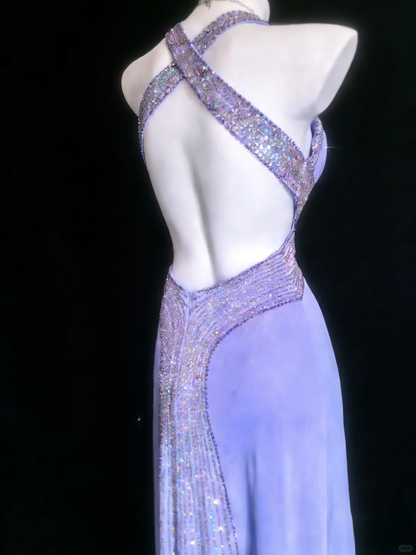 Sexy Purple Mermaid Halter Beaded Satin Open Back Prom Dress DP4713