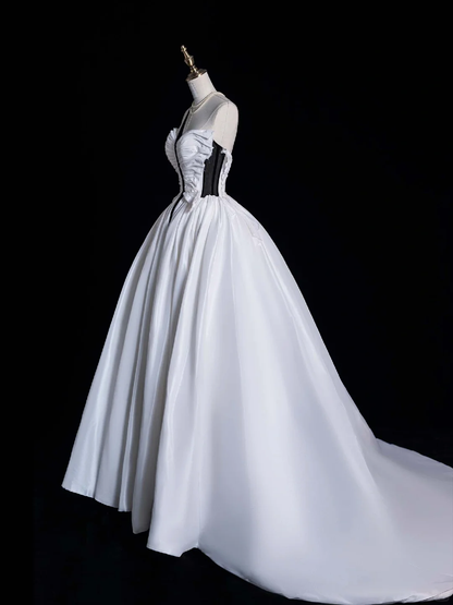 Unique A Line Strapless White Satin Long Prom Dress Evening Dress DP2095