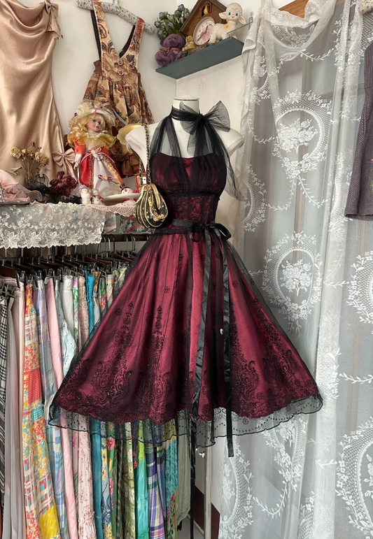 Vintage A Line Halter Beaded Black Tulle Burgundy Satin Short Homecoming Dress Party Dress DP4988