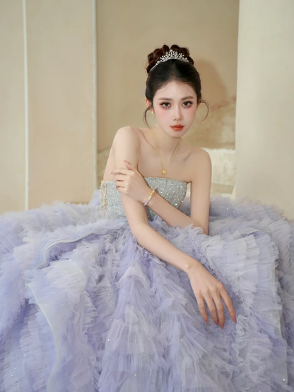 Gorgeous Ball Gown Strapless Silver Sequin Purple Tulle Long Party Dress Prom Dress DP2505