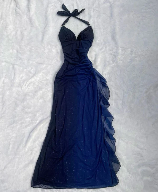 Halter Straps Ombre Navy Blue Chiffon Long Prom Dress Party Evening Dress DP722