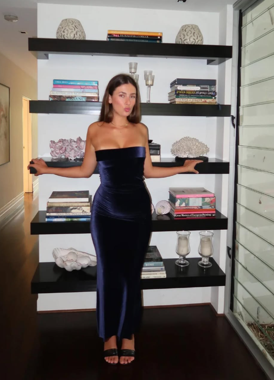 Elegant Navy Blue Sheath Strapless Velvet Prom Dress Graduation Prom Dress DP4964