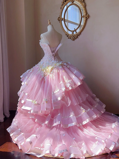 Stunning Pink Ball Gown Floral Beaded Layered Tulle Prom Dress 16th Birthday Dress DP5020