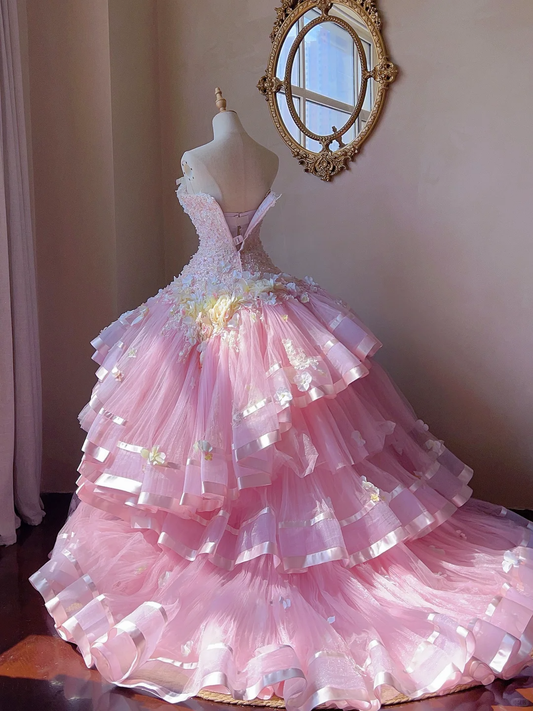 Stunning Pink Ball Gown Floral Beaded Layered Tulle Prom Dress 16th Birthday Dress DP5020