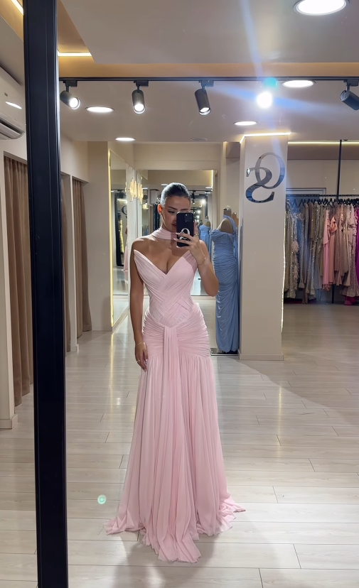 Gentle Pink Mermaid V Neck Pleated Chiffon Long Prom Dress Evening Dress DP4391