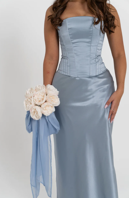 Chambray Blue Elegant A Line Strapless Corset Satin Bridesmaid Dress DP4971