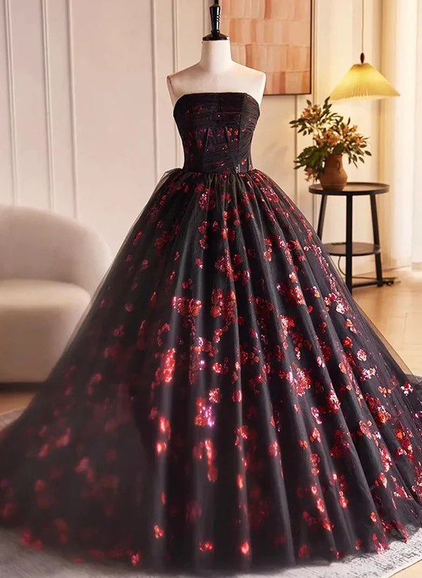 Floral Print Satin Tulle Long Strapless Prom Dress Formal Sweet 16 Ball Gown Quinceanera Dress DP016