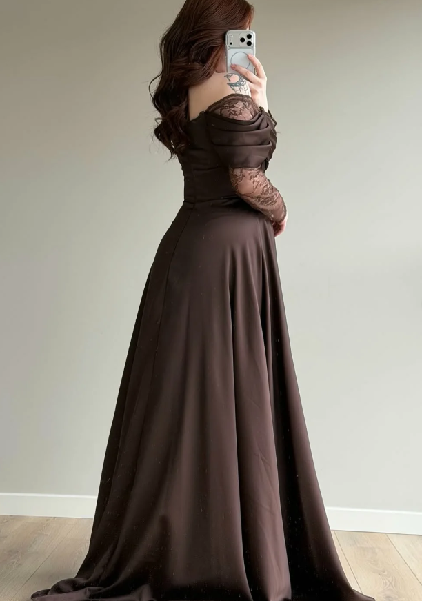 Elegant Brown A Line Long Sleeve Lace Satin Prom Dress DP5021