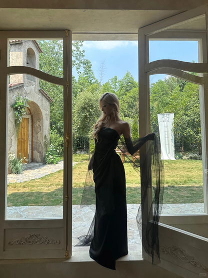 Sexy A Line Strapless Black Tulle Satin Slit Prom Dress Party Dress DP4553