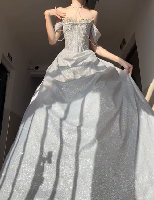 Silver Shiny A Line Off the Shoulder Beaded Sequin Prom Dress Graduation Ball Gown DP4568