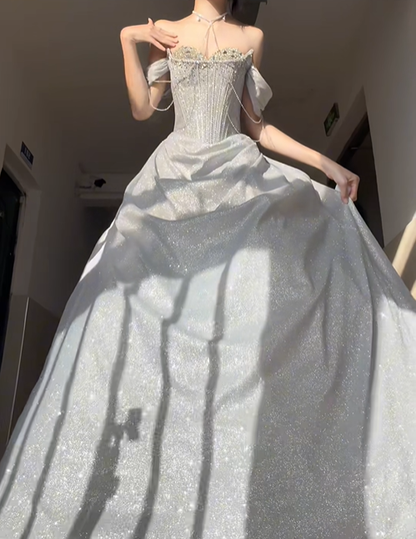 Silver Shiny A Line Off the Shoulder Beaded Sequin Prom Dress Graduation Ball Gown DP4568