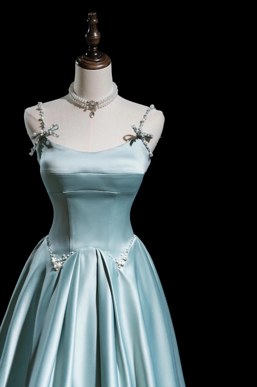Lovely Pearls Beade Long Prom Dress Satin Spaghetti Strap Evening Party Dress DP486