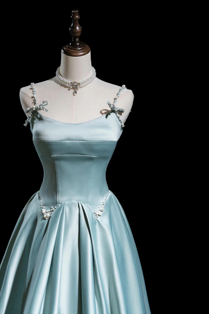 Lovely Pearls Beade Long Prom Dress Satin Spaghetti Strap Evening Party Dress DP486