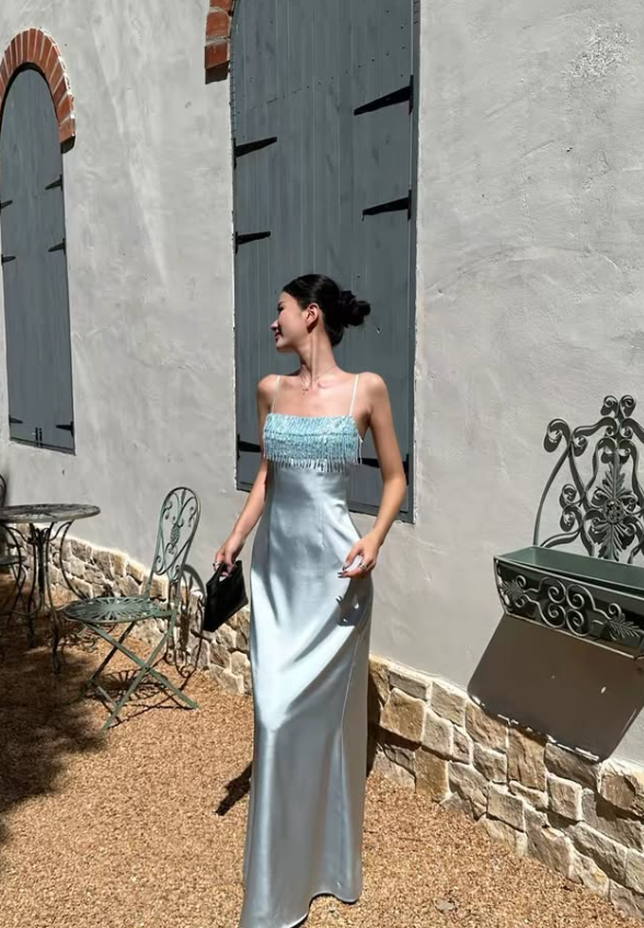 Elegant Baby Blue Sheath Spaghetti Strap Beaded Satin Prom Dress Evening Dress DP7936