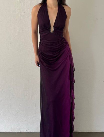 Retro Grape Purple Ombre Halter Chiffon Party Dress Evening Dress DP2870