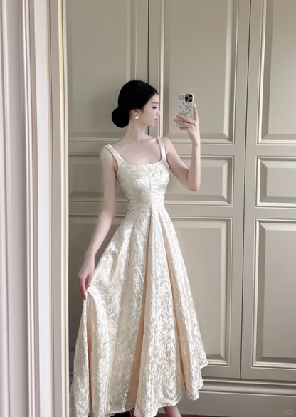 Simple Light Champagne A Line Straps Satin Long Prom Dress Outfits DP4616