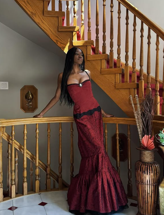 Vintage Burgundy Mermaid Spaghetti Strap Black Lace Satin Prom Dress Wedding Guest Dress DP3994