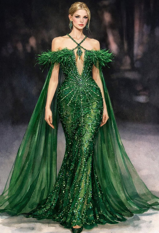 Green Mermaid Halter Exquisite Beaded Feather Tulle Long Prom Dress DP4813
