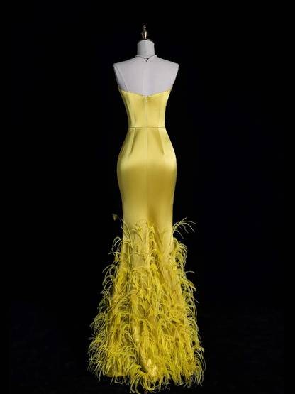 Elegant Sheath Sweetheart Neck Yellow Feather Satin Long Prom Dress Evening Dress DP1948
