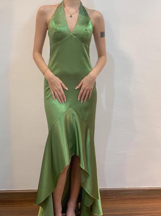 Vintage Mermaid V Neck Rhinestone Green Satin Open Back Prom Dress Evening Dress DP1754