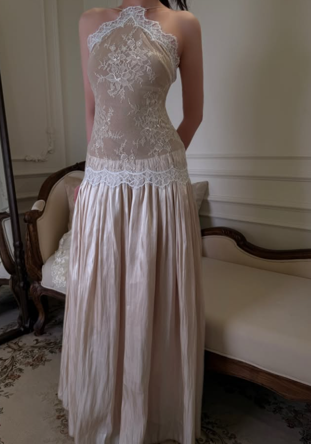 Romantic A Line Halter Apricot Lace Satin Prom Dress Evening Dress DP7924