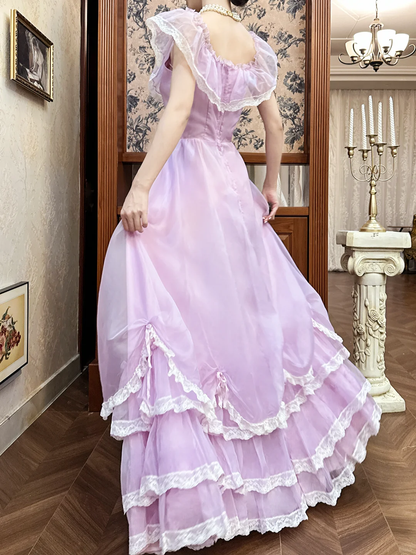 Vintage Lilac A Line Round Neck White Lace Chiffon Long Prom Dress Evening Dress DP5614