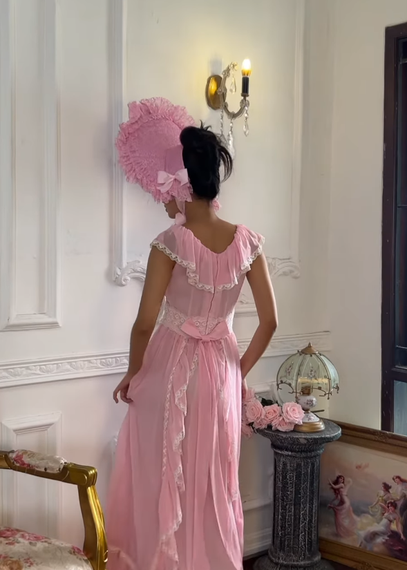 Princess Pink A Line Straps Lace Chiffon Long Prom Dress Evening Dress DP5128