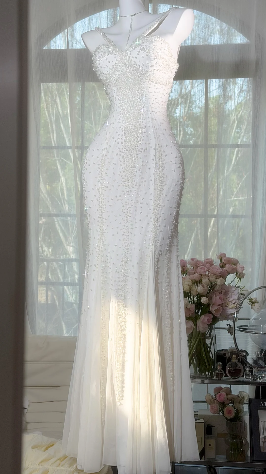 2000s Vintage White Mermaid Shiny Beaded Chiffon Long Prom Dress DP5151