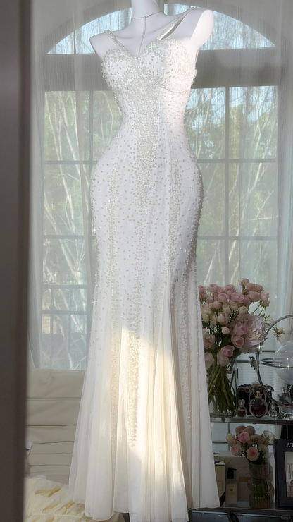2000s Vintage White Mermaid Shiny Beaded Chiffon Long Prom Dress DP5151