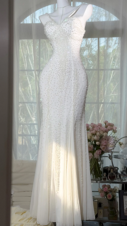 2000s Vintage White Mermaid Shiny Beaded Chiffon Long Prom Dress DP5151