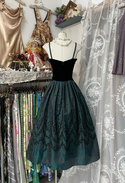 Vintage A Line Straps Beaded Velvet Satin Tea Length Prom Dress Party Dress DP4987