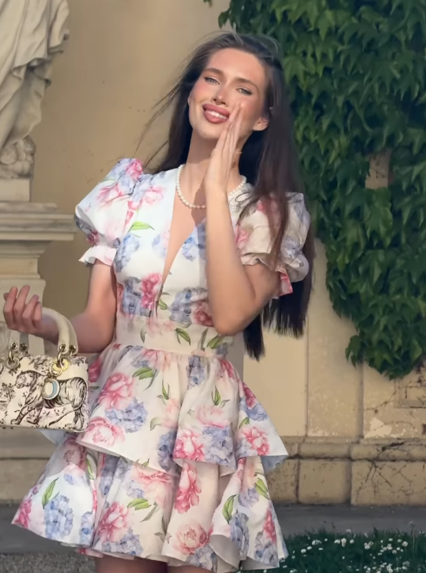 Pink-Blue Print A Line Puff Sleeve Layered Chiffon Short Homecoming Dress Outfits DP6016