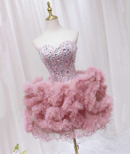 Pink Beaded Tulle Pleated Homecoming Dress Cocktail Dress DP358