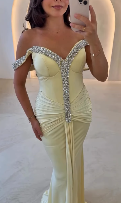 Yellow Mermaid Off the Shoulder Beaded Pleated Satin Prom Dress Evening Dress DP4335