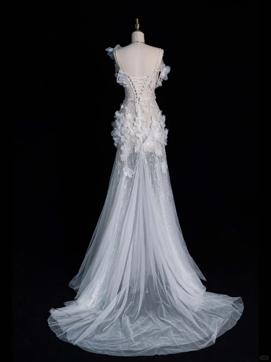 White Flower Mermaid Spaghetti Strap Beaded Tulle Long Prom Dress Formal Dress DP3239