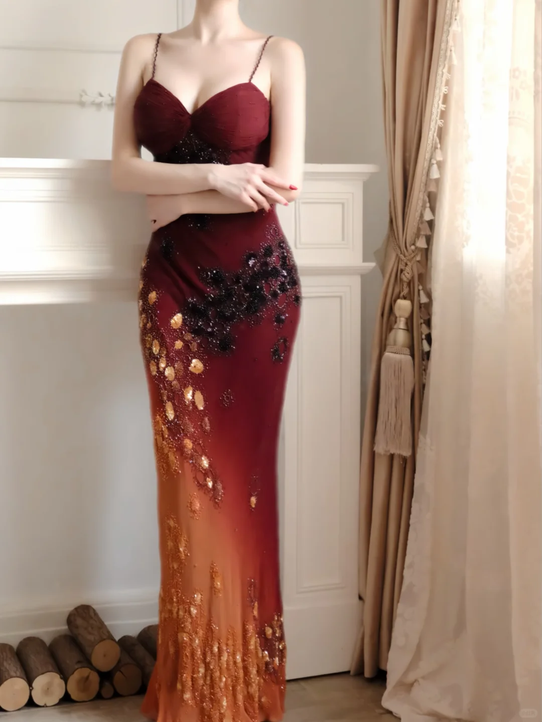 Vintage Sheath Spaghetti Strap Beaded Burgundy Ombre Chiffon Prom Dress Evening Dress DP8256