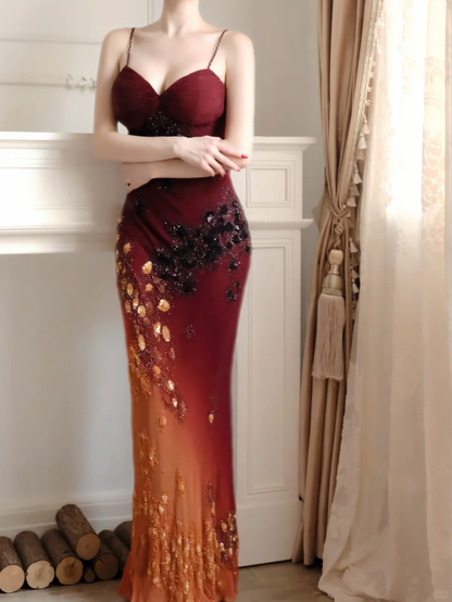 Vintage Sheath Spaghetti Strap Beaded Burgundy Ombre Chiffon Prom Dress Evening Dress DP8256