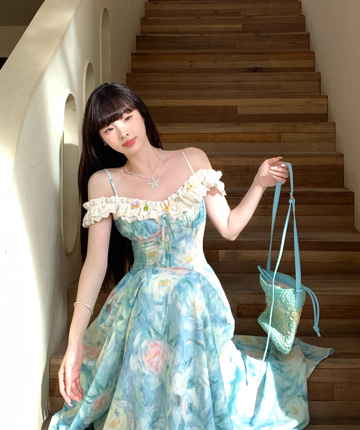 Blue Print Floral A Line Straps Satin Long Evening Dress Party Dress Outfits DP3424