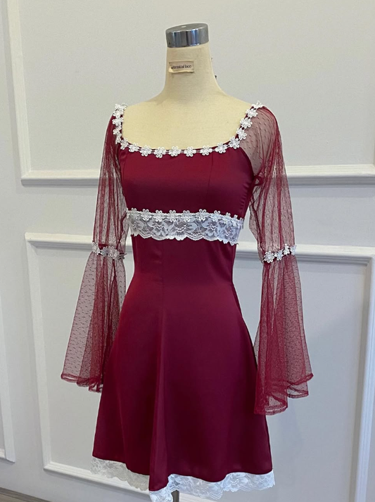 Burgundy A Line Long Sleeve Lace Tulle Satin Short Homecoming Dress Cocktail Dress DP3169