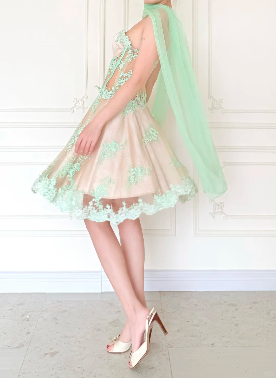 Fresh Green Lace A Line Strapless Apricot Satin Short Prom Dress Homecoming Dress DP6451