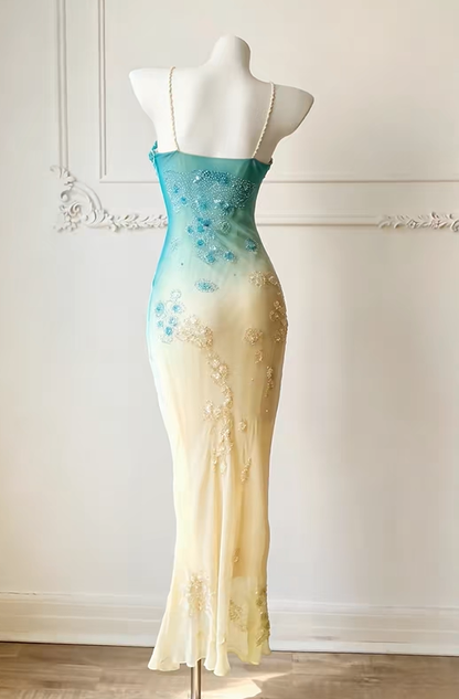 Vintage Sheath Spaghetti Strap Beaded Blue Yellow Ombre Chiffon Prom Dress Evening Dress DP8257