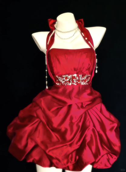 Vintage Burgundy A Line Strapless Beaded Pleated Satin Short Homecoming Dress DP4719