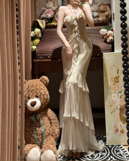 Apricot Mermaid Halter Layered Chiffon Prom Dress Party Evening Dress DP5327