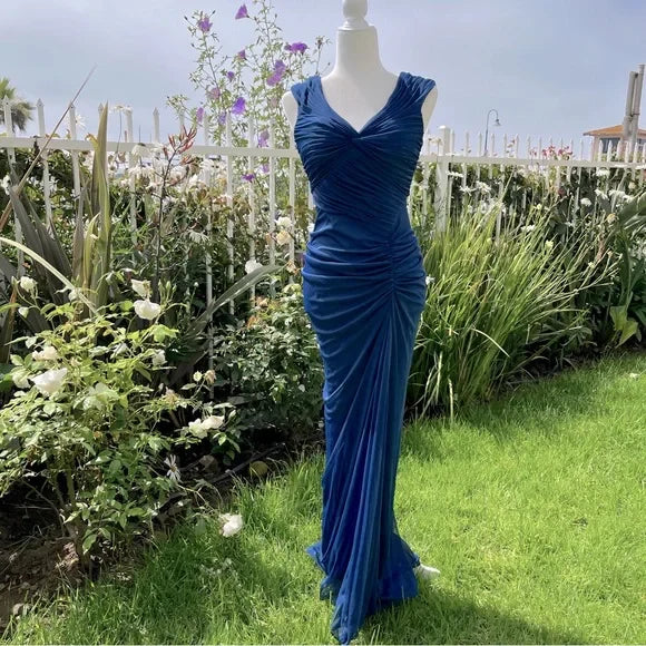 Vintage Fashion Mermaid V Neckline Navy Blue Floor Length Evening Dress Prom Dresses DP2374