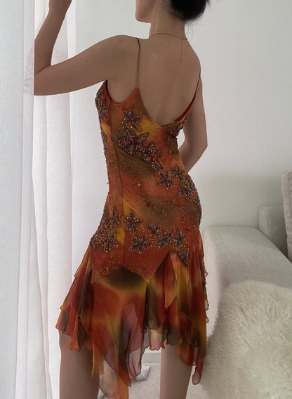 Vintage A Line Spaghetti Straps Beaded Ruffle Chiffon Short Evening Dress DP1519