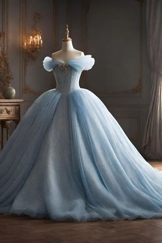 Beautiful Disney Princess Ball Gown Off The Shoulder Tulle Long Light Sky Blue Sweet 16 Dress Prom Dress DP522