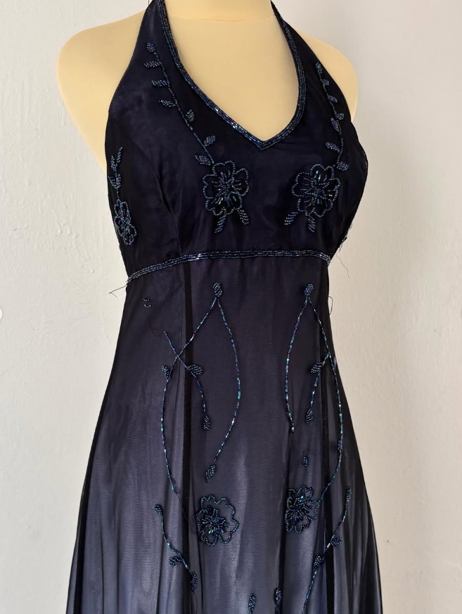 Vintage A Line V Neck Beads Satin Long Prom Dress Evening Dress DP1389